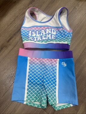 GS  Light Blue and White Metmaid Cheer Set Sports Bra and Hot Pants